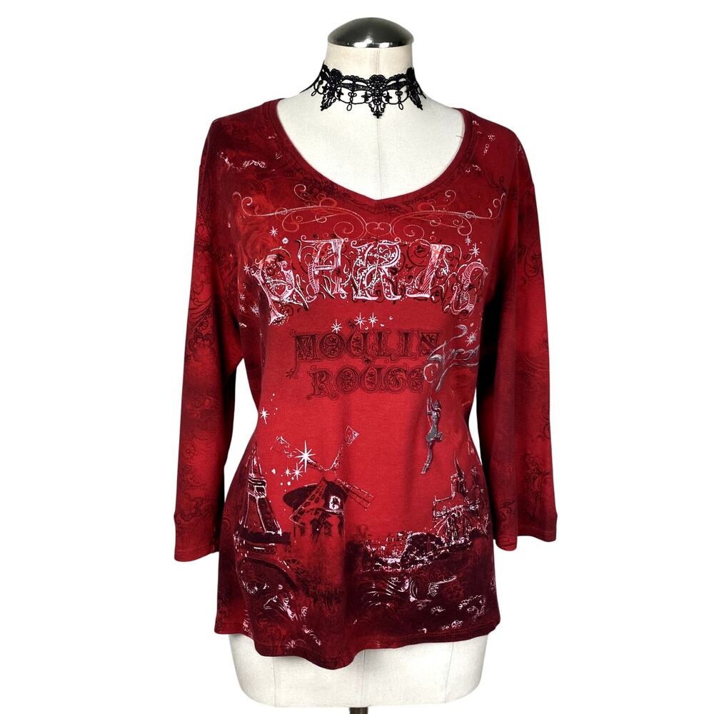 Vtg Y2K Bedazzled Rhinestone Paris 3/4 Sleeve Red Sweater Grunge Whimsigoth 2XL